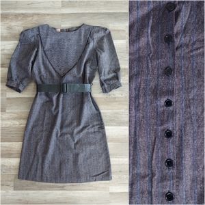 Vintage Puff Sleeve Belted Shift Dress Large 80s Does 40s Black Gray Blue